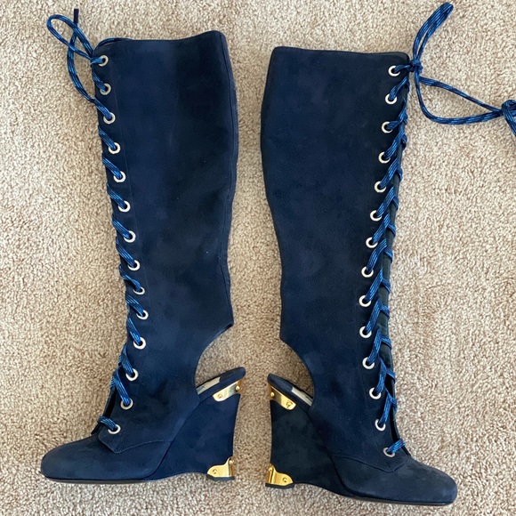 Prada Blue Suede Lace Up Boots - Picture 3 of 11